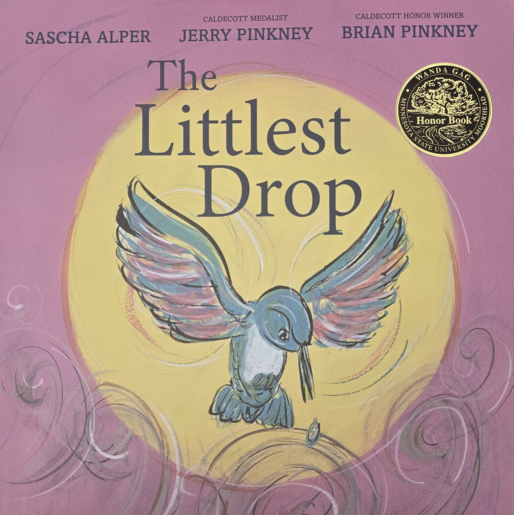 Littlest Drop book cover featuring a watercolor hummingbird on a pink background