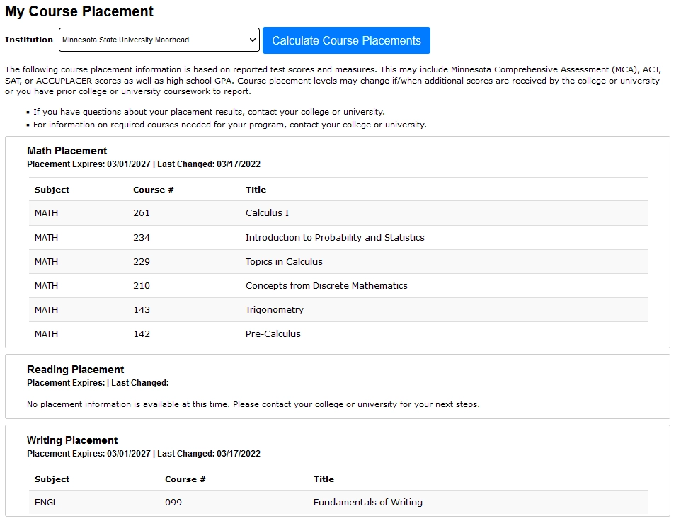 My Course Placement screen in eServices