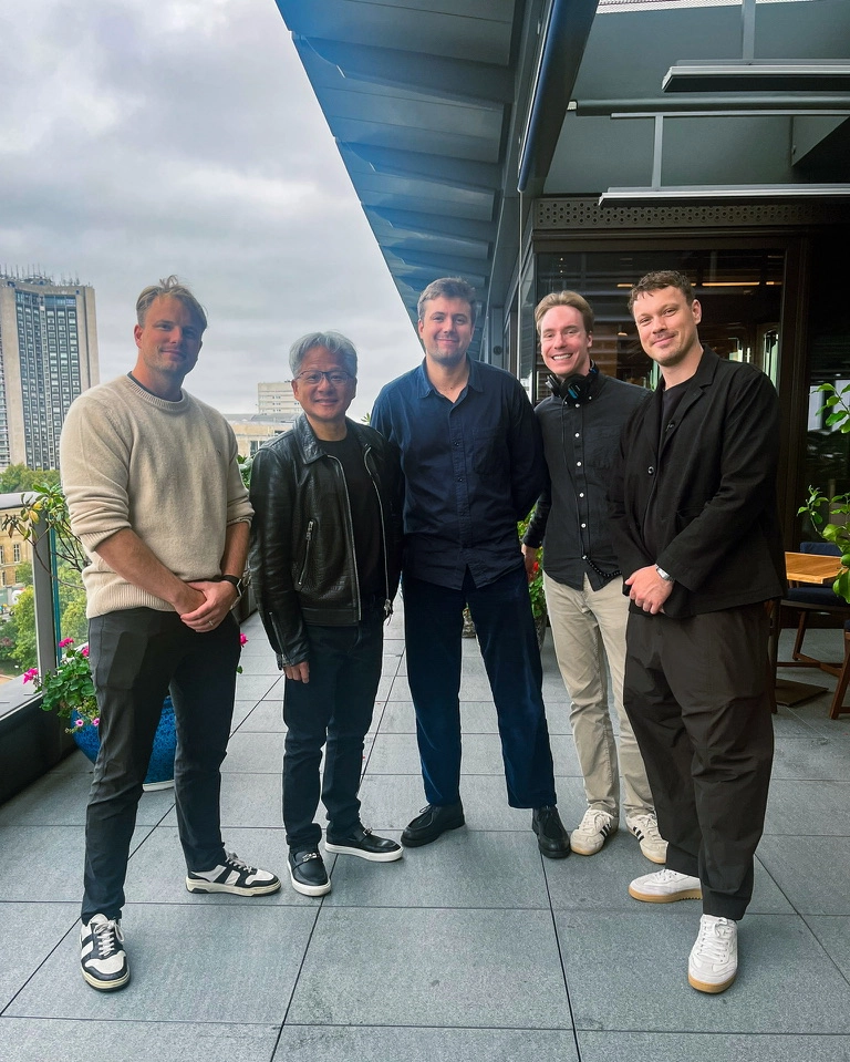 From left to right: Steffen Tjerrild, Jensen Huang, Joseph McCormick, Kyle Odefey and Victor Riparbelli