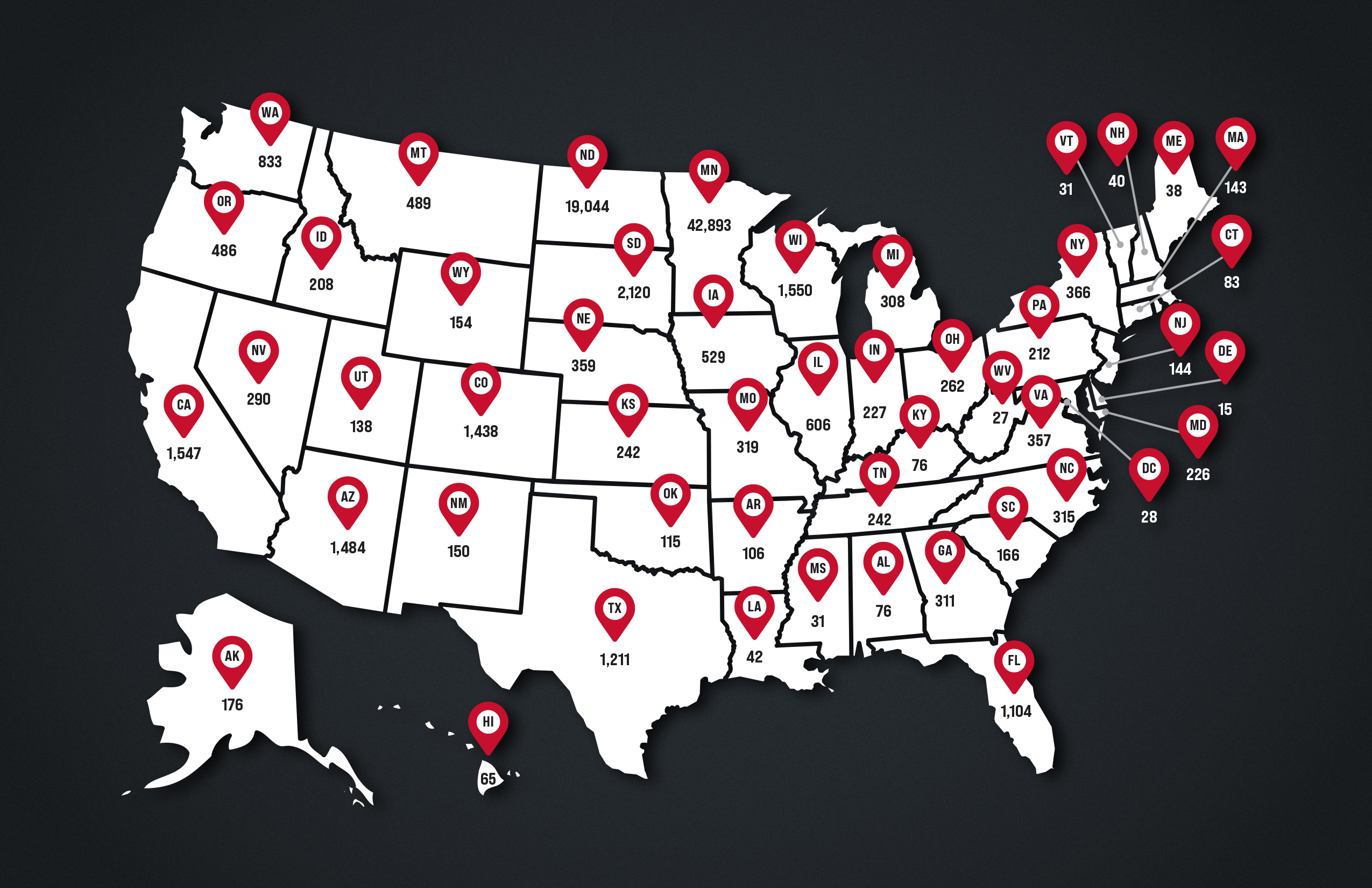 Map of U.S. with MSUM Alumni population